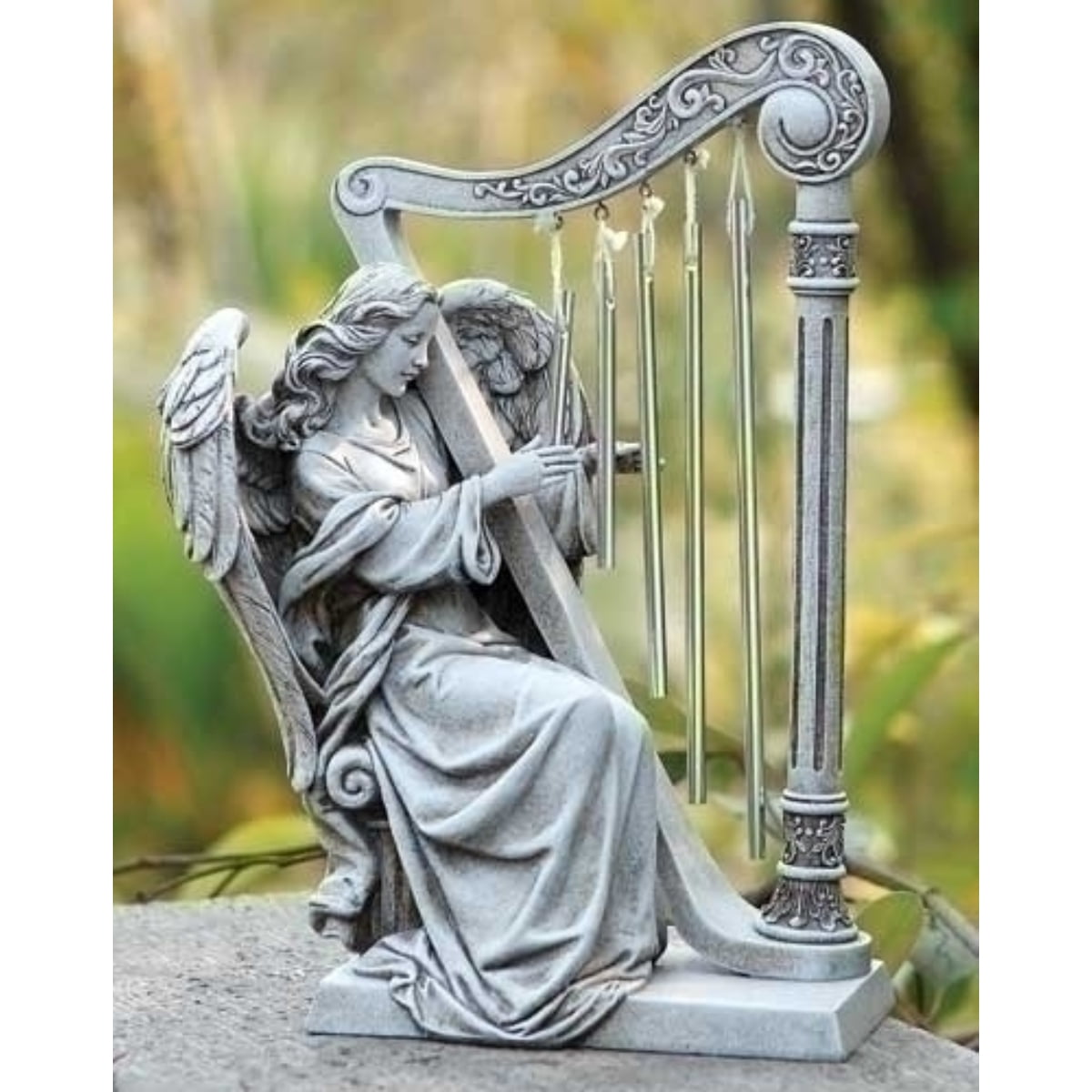 9.75 Inch Beige Angel with Harp Windchime Figurine
