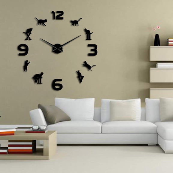 Roman Arabic Numerals Mixed DIY Large Wall Clocks Kitty Cat Silhouette Wall Art Giant Wall Watch Modern Design Home Decor Clock(Black,27inch)
