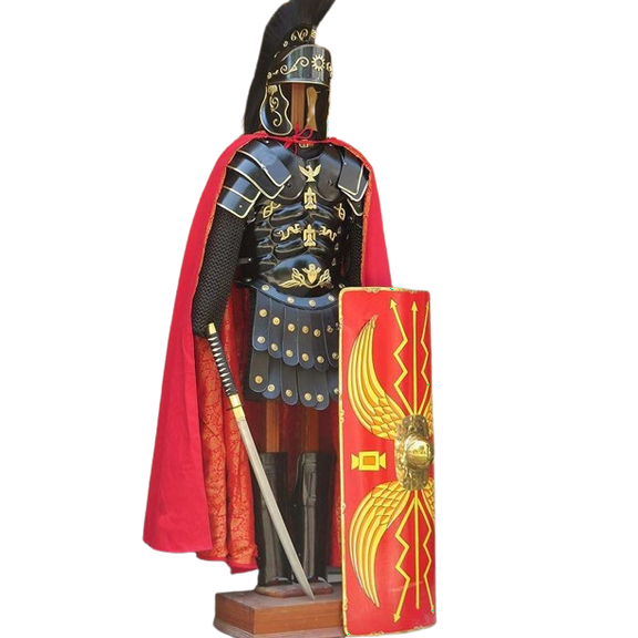Roman Black Muscle Armor Cuirass Set W/Shoulders, Leg Guard, Roman Helmet, , Roman Shield 36 Inch