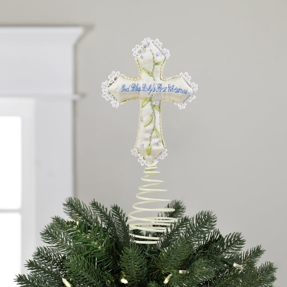 Roman Boy's God Bless Baby's First Christmas Cross Tree Topper - 8.5" - Blue