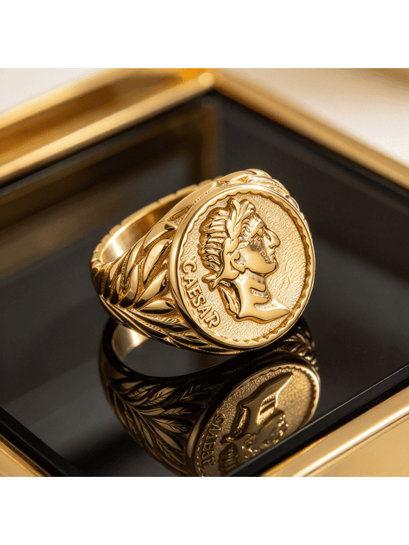 Roman Caesar Coin Profile Round Signet Ring For Men Women 14K Gold Filled Classical Heritage Jewelry