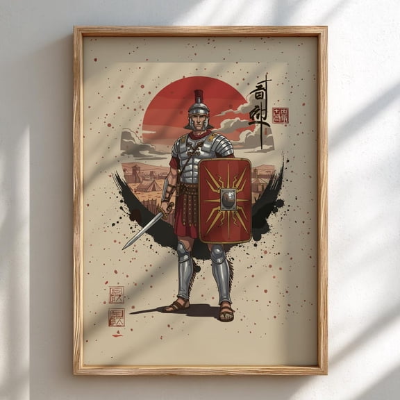 Roman Centurion Japanese Ink Art Print Sumi-e Rising Sun Poster Mixed Media Warrior Decor