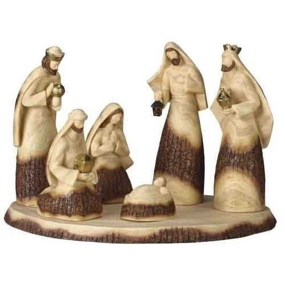 Set of 7 Inspirational Wood Look Religious Christmas Nativity Scene with Base