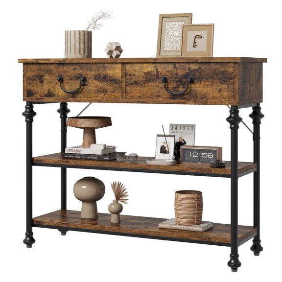 Roman Column Entryway Table, 39'' Farmhouse Sofa Table with 2 Drawers and Storage Shelves, Narrow Console Table for Living Room, Hallway, Foyer, Retro Brown
