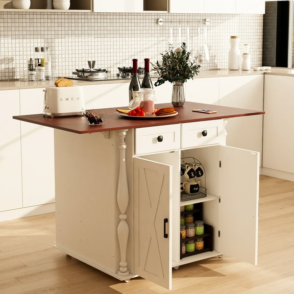 Roman Column Kitchen Island with Storage on Wheels, Rolling Kitchen Island Cart with Folding Drop Leaf, Wine Rack, Drawers & Cabinets, Mobile Wooden Island Table for Kitchen & Living Room, White