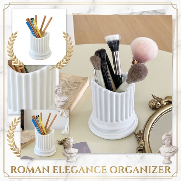 Roman Column Pen Holder Desktop Organizer Vintage Pillar Resin Statue for Home Decor Creative Stationery Storage Gifts Table Centerpiece 1pcs, White