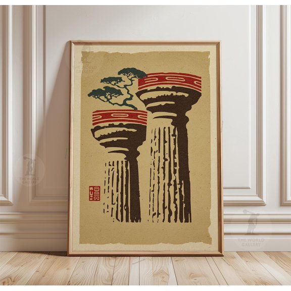 Roman Column Poster Bonsai Tree Illustration Japanese Architecture, Unframed Poster