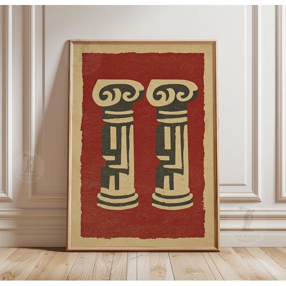 Roman Column Poster Classical Architecture Vintage Red Wall Decor, Stretched Canvas