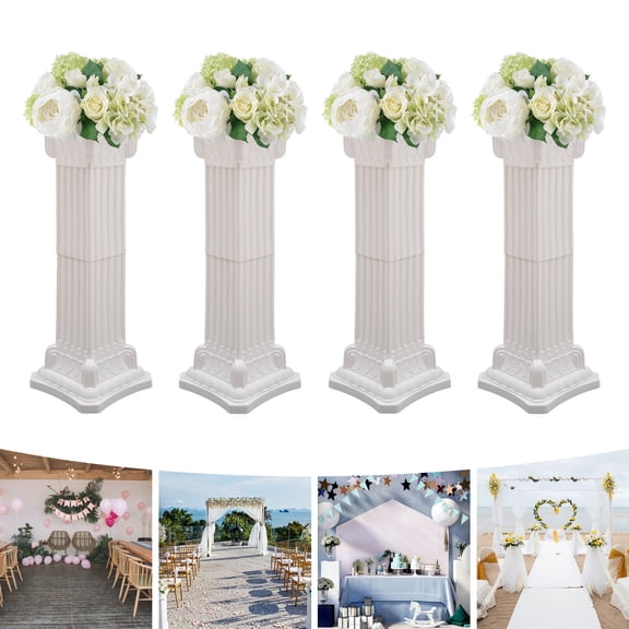 Roman Columns 4 Pack, 35.4 Inch Tall Wedding Pillars with Wide Base, Lightweight Plastic Column Stands for Party Decor, White European Style Pedestal for Flowers Candles Statues  Indoor Outdoor