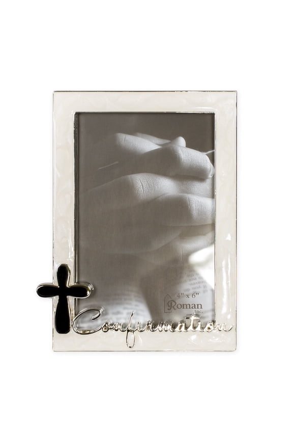 Confirmation Silver Finish Cross 4 x 6 Photo Pearl Trim Picture Frame