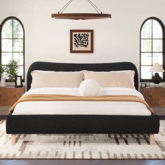 Jennifer Taylor Home Roman Curved Headboard Upholstered Platform Bed, King, Ebony Black Boucle