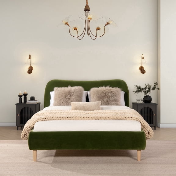 Jennifer Taylor Home Roman Curved Headboard Upholstered Platform Bed, Queen, Olive Green Performance Velvet