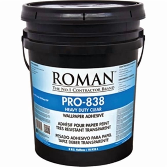 Roman PRO-838 Heavy Duty Clear Wallpaper Adhesive, for Non-Wovens, Commercial Weight Wallcoverings, Wall Carpet, and More, 5-Gallon (1,500 sq. ft.)