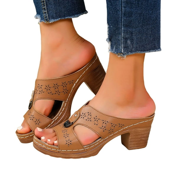 Roman Dress Slides Sandals for Women Summer Beach Casual Leather Platform Chunky Heeled Slip on Ladies