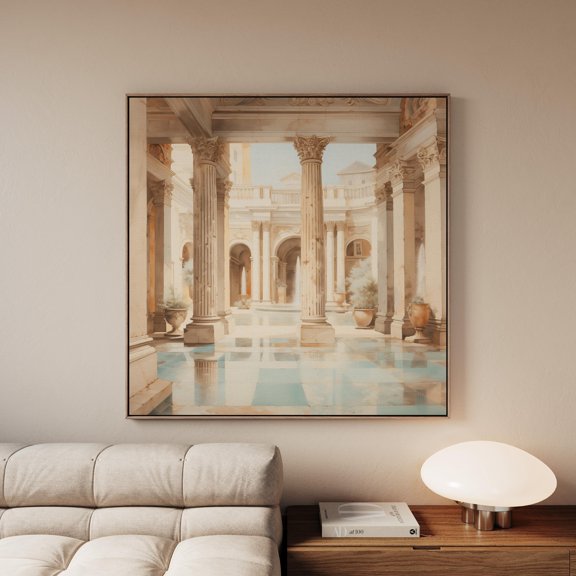 Roman Empire Architecture 1970S Vintage Pastel Blue Brown Oil Art Caesaraugusta Zaragoza Inspired Square Art Design