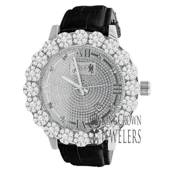 Roman Face Mens Genuine Diamond Dial White Gold Tone Flower Bezel Khronos Genuine Leather Wrist Watch W/Date