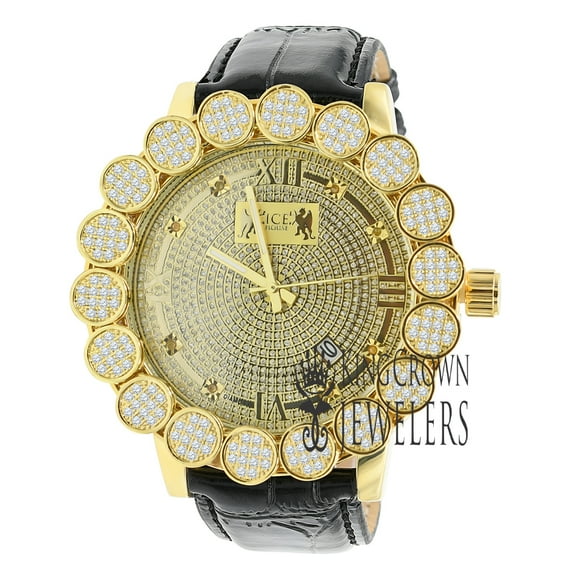 Roman Face Watch Gold Finish Real Diamonds Dial Flower Bezel Genuine Leather Band W/Date Water Resistant