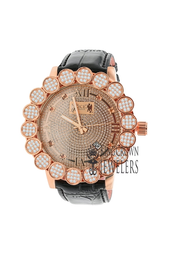 Roman Face Watch Rose Gold Finish Real Diamonds Dial Flower Bezel Genuine Leather Band W/Date Water Resistant