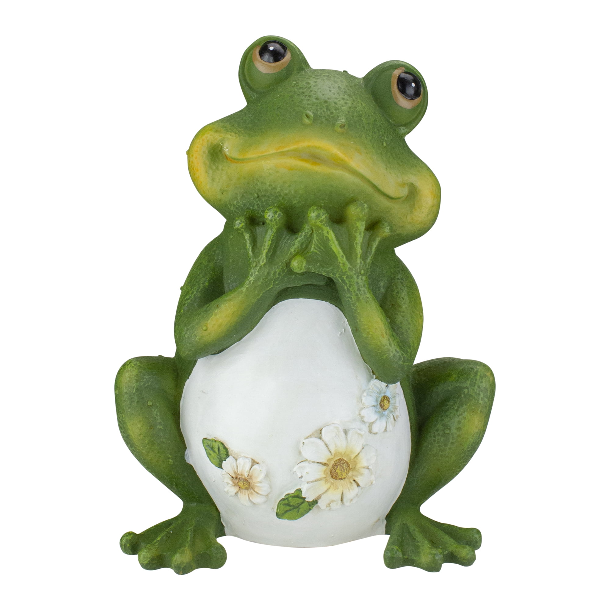 Green and White Resin Frog with Daisies Garden Statue