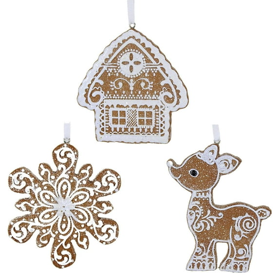 Roman Gingerbread Frosted Ornaments - Three Ornaments 3.75 Inch, Polyresin - Snowflake House Reindeer 134863