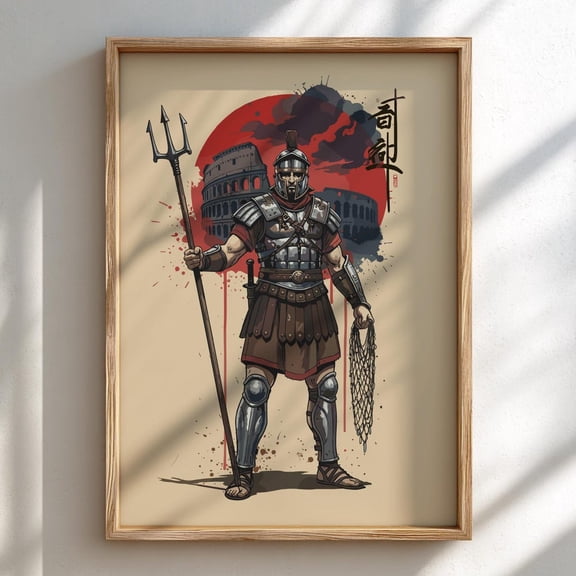 Roman Gladiator Japanese Ink Art Print Sumi-e Rising Sun Poster Mixed Media Warrior Decor