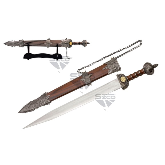 SZCO 31" Roman Gladius Sword with Pewter Handle, Decorative Scabbard, and Wooden Display Stand