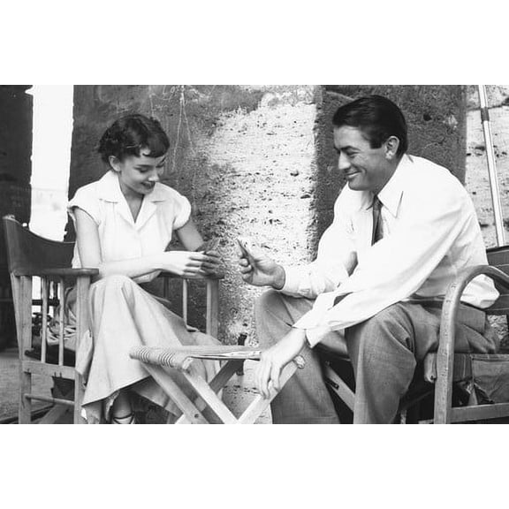 Roman Holiday 24x36 Poster Audrey Hepburn relaxing on set with Gregory Peck