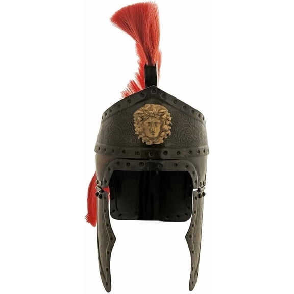 SZCO Roman Queen's Guard Helmet, 20 Gauge Carbon Steel with Brass Finish and Red Mohawk Plume, Full Size Ancient Armor with Inner Lining and Chin Strap for Reenactment & Decor