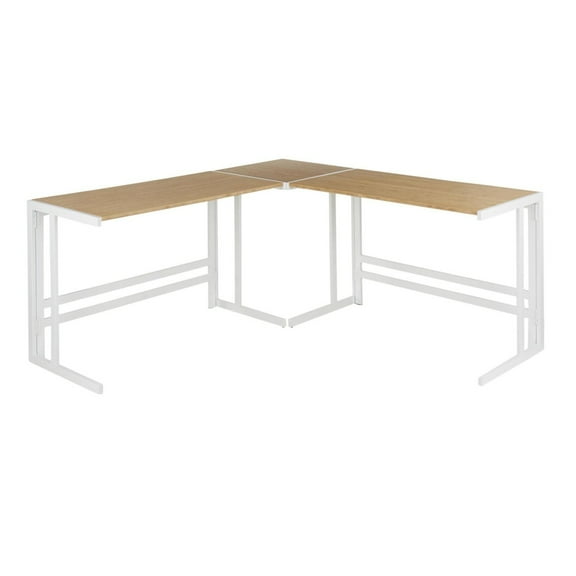 Roman Industrial "L" Shaped Desk In White Metal And Natural Wood-Pressed Grain Bamboo