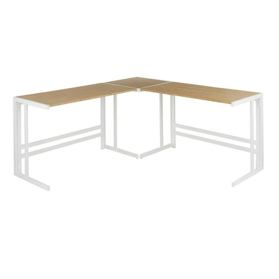 Roman Industrial "L" Shaped Desk In White Metal And Natural Wood-Pressed Grain Bamboo