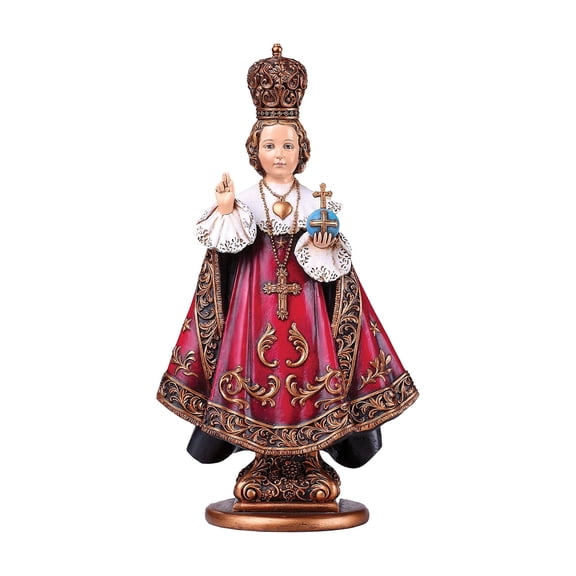 Roman Infant Of Prague With Cross Royal Red Robes 5 x 10 Inch Resin Stone Tabletop Figurine