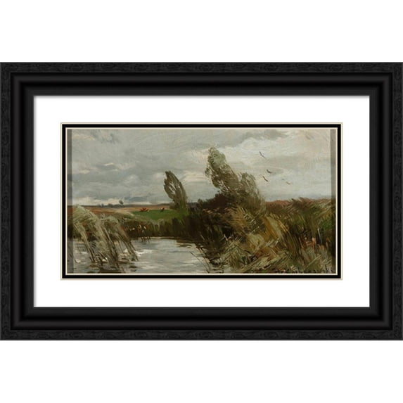 Roman Kazimierz Kochanowski 24x15 Black Ornate Framed Double Matted Museum Art Print Titled: Landscape with Water and Bulrush (Between 1890 and 1900)