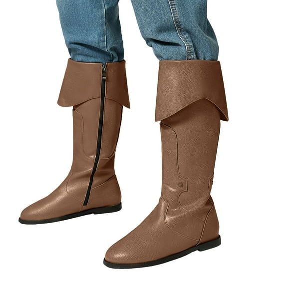 Roman Knee High Riding Boots for Women Vintage Leather Round Toe No Heel Flats Foldover Mid Calf Tall Boots Brown Size 7