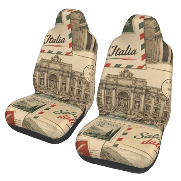 Roman Landmarks Vintage Stamp Collage Car Seat Cover 2 Pcs Auto Front Bucket Seats Protector Cushion Universal Vehicle Truck SUV