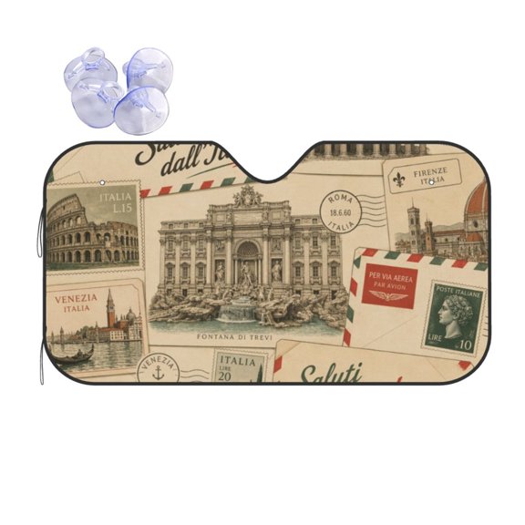 Roman Landmarks Vintage Stamp Collage Reflective Car Windshield Sunshade, UV Ray Reflector Sun Visor Universal Fit for SUVs, Trucks, Sedans,M