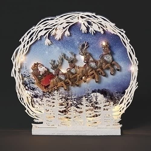 Roman Lighted Flying Santa and Deer Scene, 10-inch Height, Polyresin