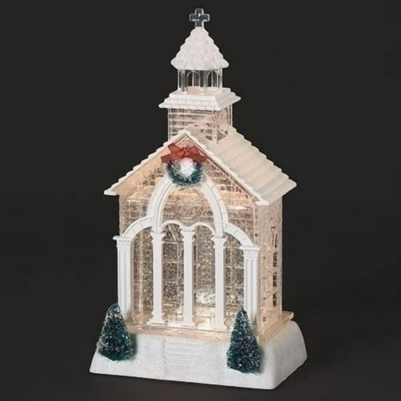 Roman Lighted Swirl Church with Tree and Wreath, 11.5-inch Height, Plastic