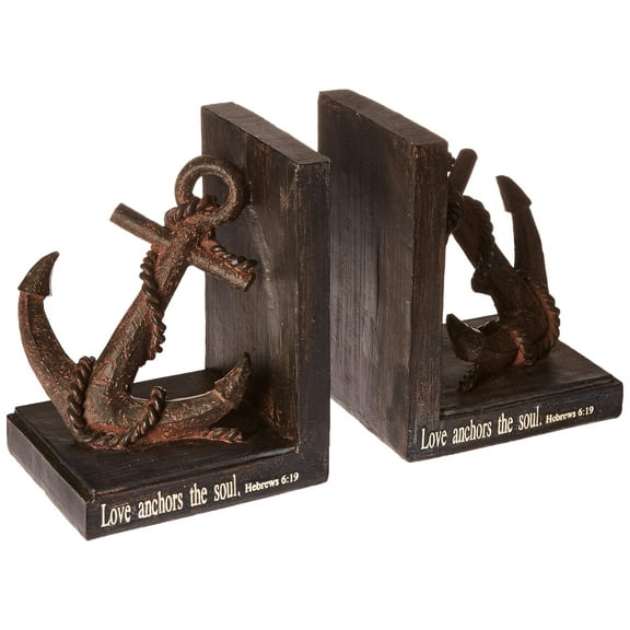 Roman Love Anchors Soul Anchor Textured Black 3.5 x 7 Resin Stone Bookends, Set of 2