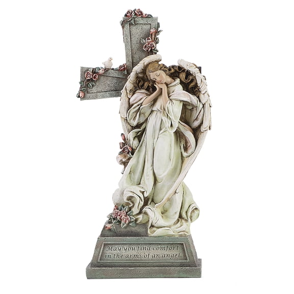 Roman Memorial Angel with Cross and Verse, May You Find Comfort in The Arms of an Angel