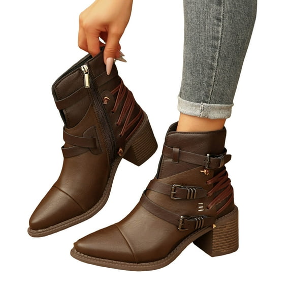 Roman Mid Calf Combat Boots for Women 2025 Vintage Buckles Color Block Leather Pointed Toe Chunky High Heel Riding Booties Brown Size 6