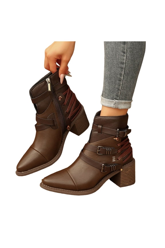 Roman Mid Calf Combat Boots for Women 2025 Vintage Buckles Color Block Leather Pointed Toe Chunky High Heel Riding Booties Brown Size 6