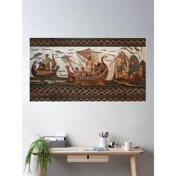 Roman Mosaics Odyssey Ulysses Sailing With Vessel Resistant To Sirens. Poster Wall Art Modern Wall Decor For Living Room Bedroom