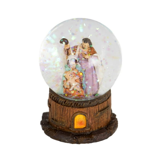 Roman Nativity Glitter Snow Globe, Miniature Christmas Water Globe Holy Family with Faux Bois Barn Stable Base, 2.5 inch