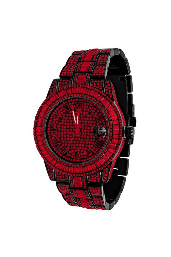 Roman Numberal Dial 18K Black Gold W Red CZ Finish Baguette/Round Cut Simulated Diamond 5 ATM Water Resistant Steel Back Men's Watch W/Date Function 45mm