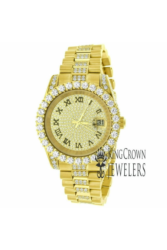 Roman Numbers Dial Full Stainless Steel Solitaire Simulated Diamond Presidential Link Watch 41mm