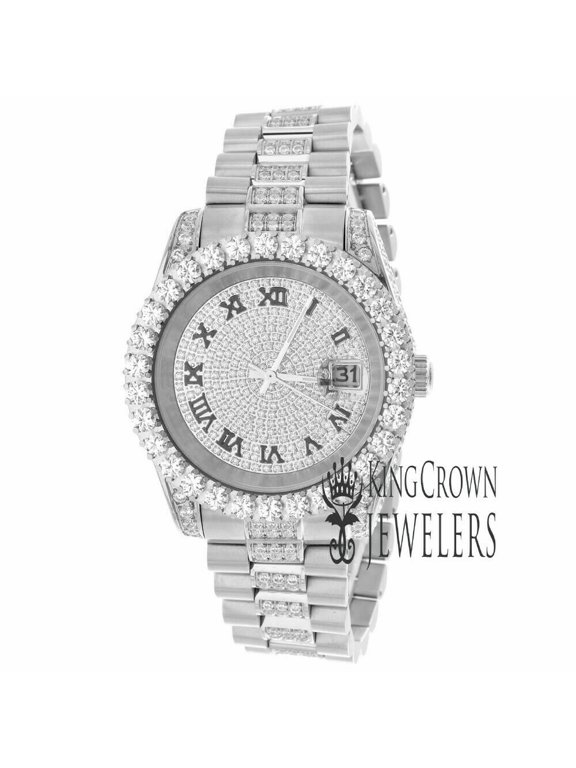 Roman Numbers Dial Full Stainless Steel White Gold Solitaire Simulated Diamond Presidential Link Watch 41mm
