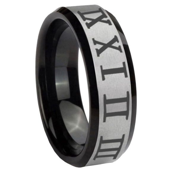 Roman Numeral 8MM Beveled Edge Gray And Black Tungsten Men Ring