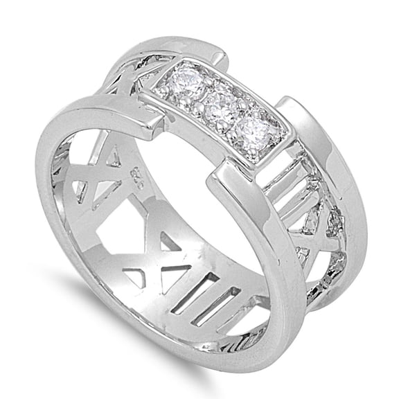 Roman Numeral Cubic Zirconia Ring Sterling Silver 925