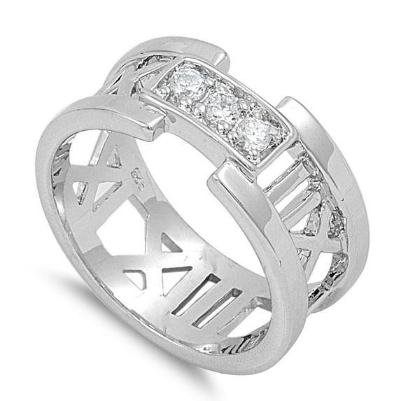 Roman Numeral Cubic Zirconia Ring Sterling Silver 925