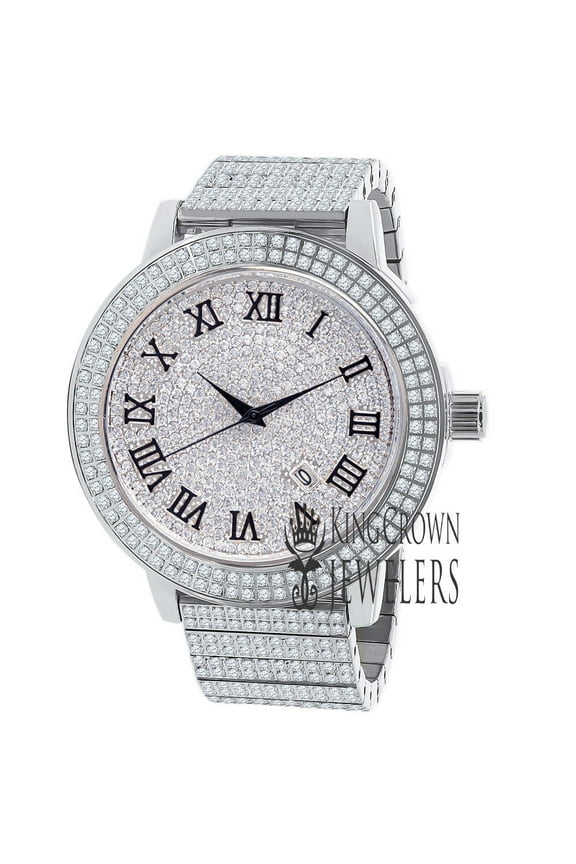 Roman Numeral Dial Full Stainless Steel 18K White Gold Finish Simulated Diamond Mens Watch W/Date